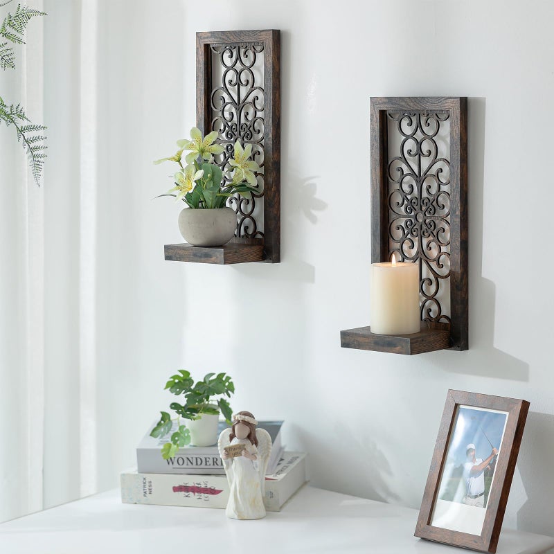 Walasis Farmhouse Wall Candle Holder Decor: Rustic Candle Sconces Set of Two for Pillar Candles - Brown Wooden Shelving for Fireplace Bathroom Hallway - Image 5