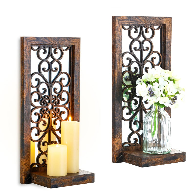 Walasis Farmhouse Wall Candle Holder Decor: Rustic Candle Sconces Set of Two for Pillar Candles - Brown Wooden Shelving for Fireplace Bathroom Hallway - Image 1
