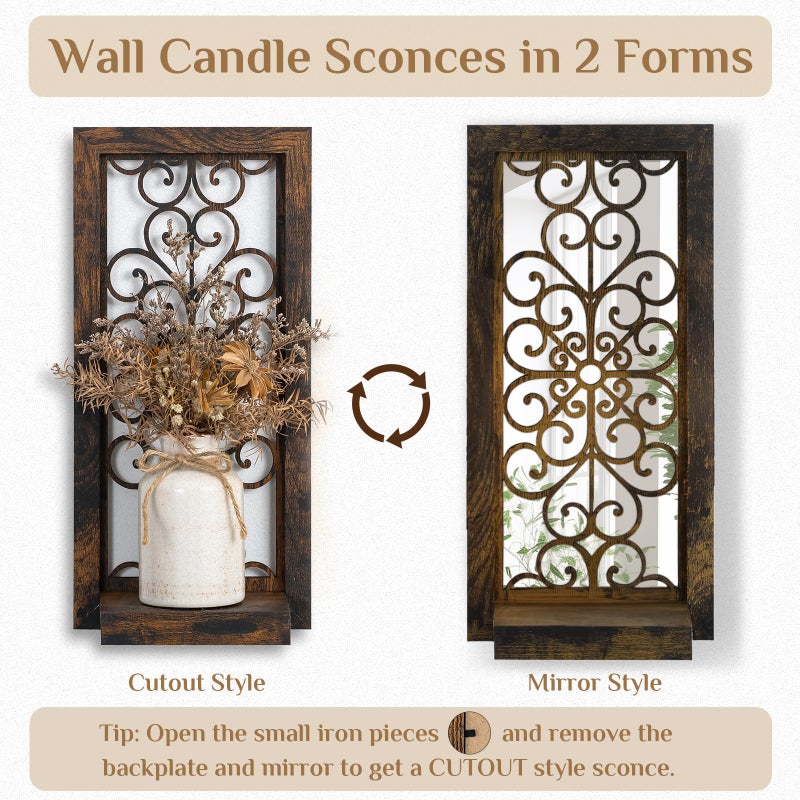 Walasis Farmhouse Wall Candle Holder Decor: Rustic Candle Sconces Set of Two for Pillar Candles - Brown Wooden Shelving for Fireplace Bathroom Hallway - Image 4