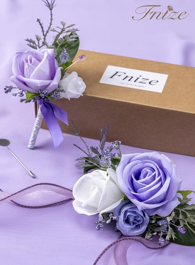 Fnize مجموعة زهور فينيز الأرجوانية للمعصم والبدلة، مثالية للعروس والعريس ووصيفات العروس ورفقاء العريس، وإكسسوارات بدلات حفلات الزفاف والعودة إلى الوطن، وزهور للمعصم والبدلة الرسمية، وزهرة للمعصم وزهرة للمعصم. - Image 5