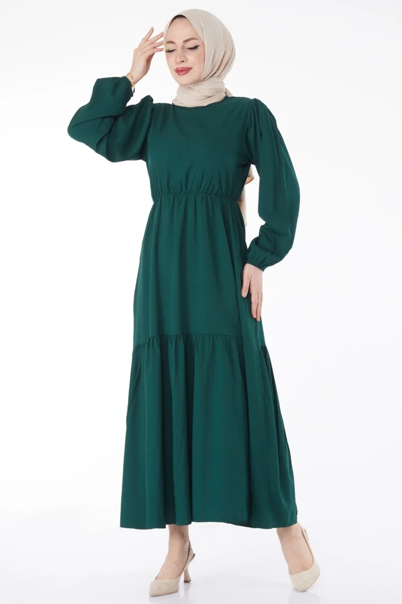 Tofisa Plain Crew Neck Women's Green Waist Lace-Up Dress - 13144