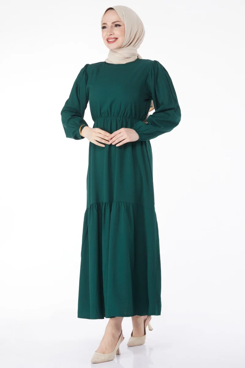 Tofisa Plain Crew Neck Women's Green Waist Lace-Up Dress - 13144