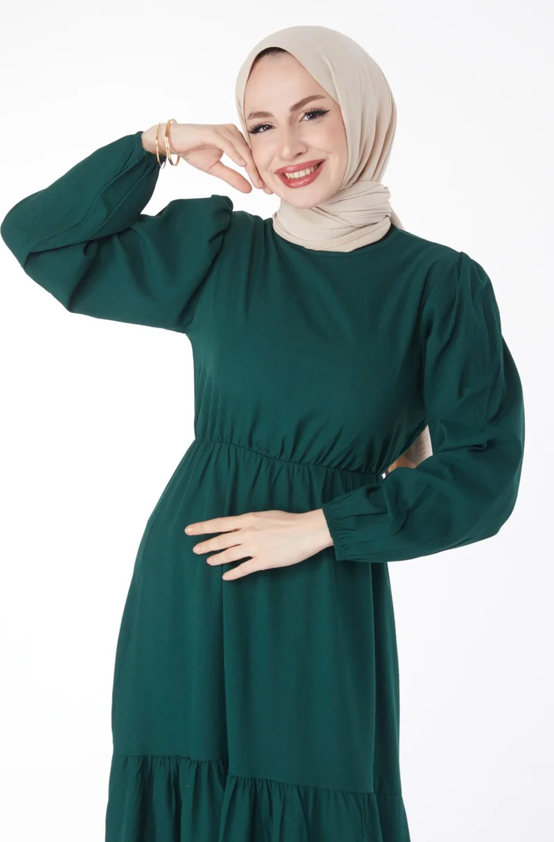 Tofisa Plain Crew Neck Women's Green Waist Lace-Up Dress - 13144