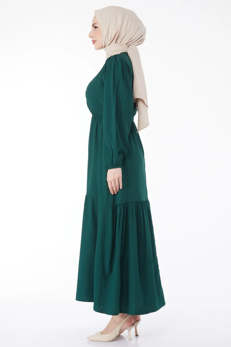 Tofisa Plain Crew Neck Women's Green Waist Lace-Up Dress - 13144