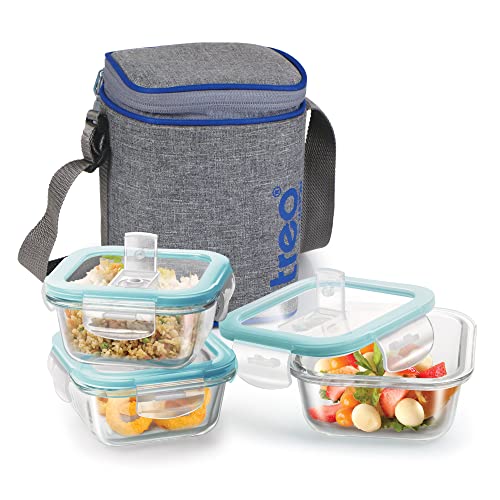 Treo by Milton All Fresh Square Glass Tiffin Containers With Insulated Jacket, 3 Containers, 320 ml Each, Grey | Microwave Safe | Ovensafe | Stackable | Leak Proof | Office | School | College | Picnic - Image 1