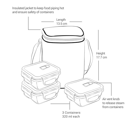 Treo by Milton All Fresh Square Glass Tiffin Containers With Insulated Jacket, 3 Containers, 320 ml Each, Grey | Microwave Safe | Ovensafe | Stackable | Leak Proof | Office | School | College | Picnic - Image 5