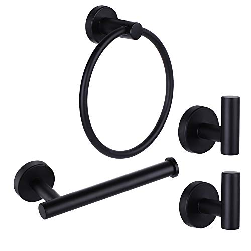 Ntipox 4 Piece Matte Black Stainless Steel Bathroom Hardware Set Include Hand Towel Ring, Toilet Paper Holder,and 2 Robe Towel Hooks,Bathroom Accessories Kit - Image 1