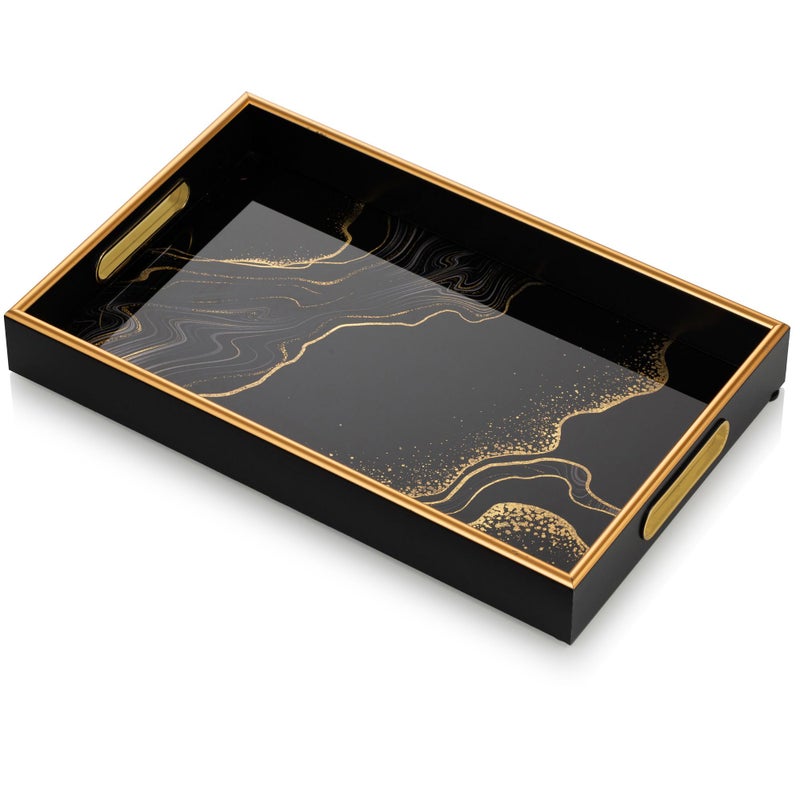 Hanobe Decorative Serving Tray Black Coffee Table Tray with Handles for Ottoman Home Decor Modern Gold Rim Glass Drink Trays for Kitchen Counter Decanter Bar Easy to Clean