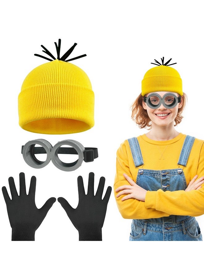 BleSky 3Pcs Halloween Costume Accessories Yellow Beanie Wig Hats Steampunk Goggles Glasses Gloves Adult Cosplay Party Set - Image 1