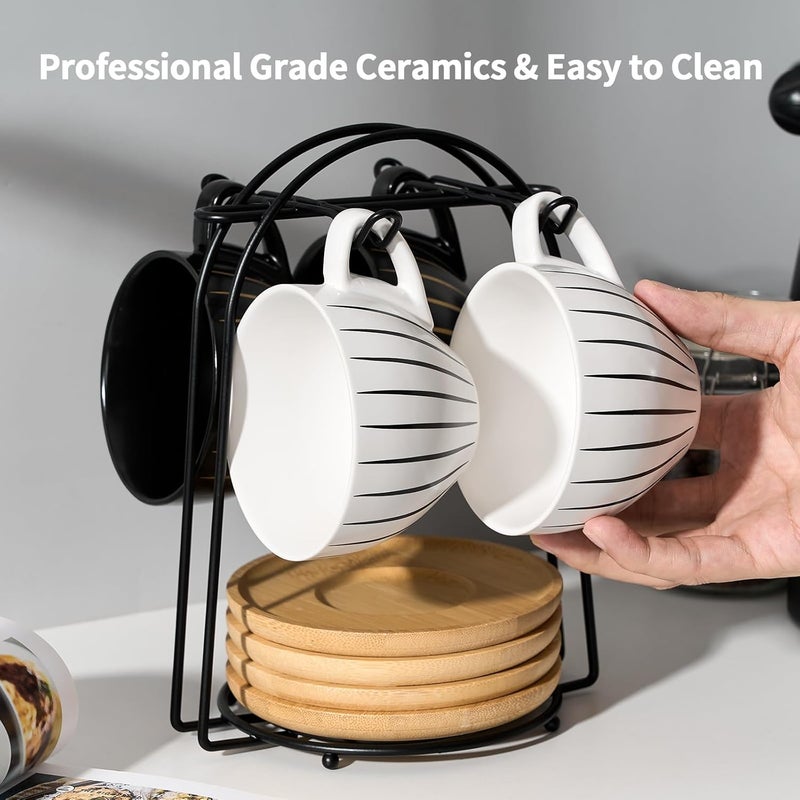 LUKA Ceramic Demitasse Espresso Cups Set with Saucers and Metal Stand 8 oz Porcelain Cappuccino Cups Teacup For Tea Espresso Latte Coffee Cafe Mocha Set of 4 Stripe White  Black - Image 4