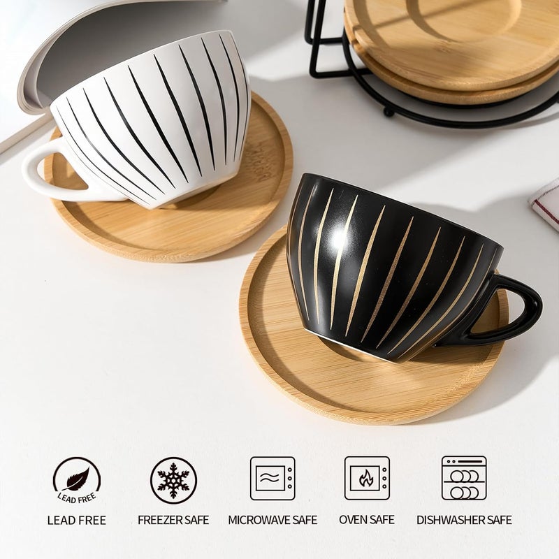 LUKA Ceramic Demitasse Espresso Cups Set with Saucers and Metal Stand 8 oz Porcelain Cappuccino Cups Teacup For Tea Espresso Latte Coffee Cafe Mocha Set of 4 Stripe White  Black - Image 2