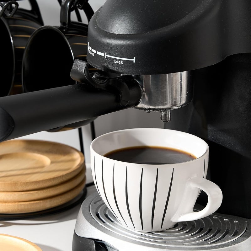 LUKA Ceramic Demitasse Espresso Cups Set with Saucers and Metal Stand 8 oz Porcelain Cappuccino Cups Teacup For Tea Espresso Latte Coffee Cafe Mocha Set of 4 Stripe White  Black - Image 5