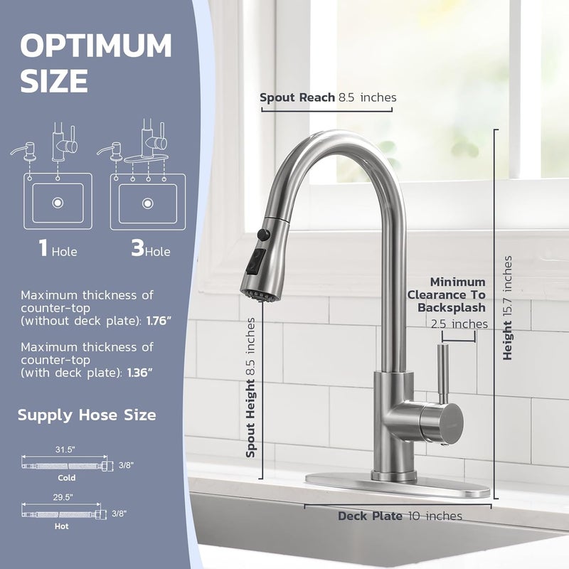 WEWE Kitchen Sink Faucet with Soap Dispenser, Kitchen Faucet with Pull Down Sprayer 3 Modes Stainless Steel Single Handle Single Hole Pull Out Brushed Nickel Faucet for Bar Laundry RV Utility Sink - Image 3