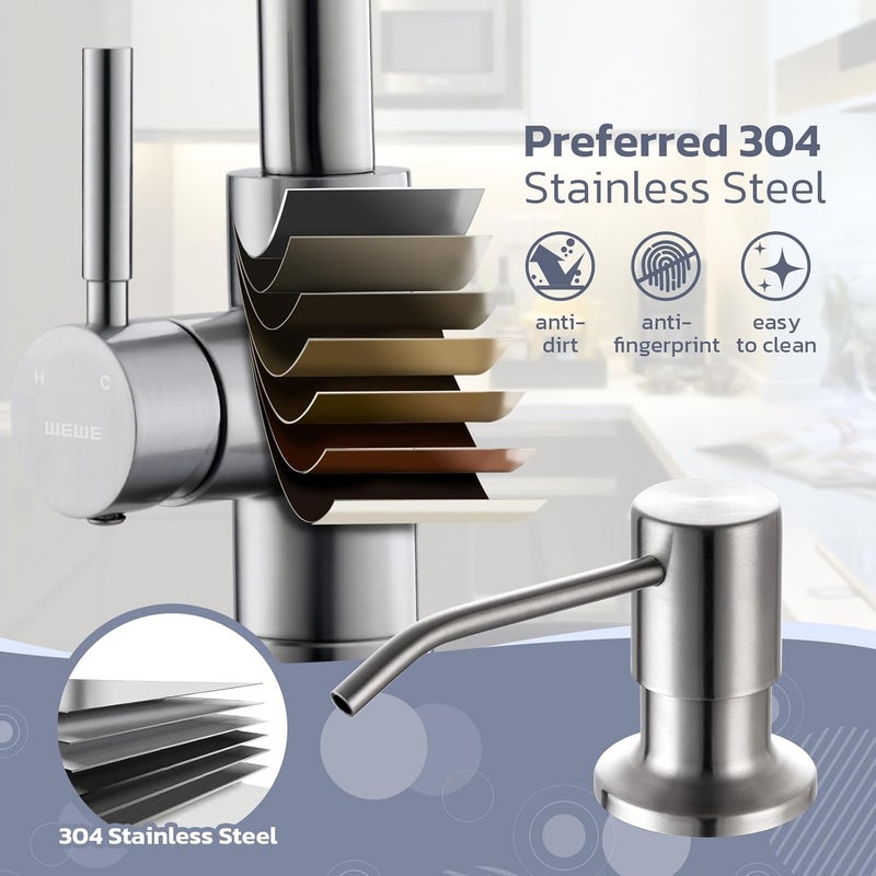 WEWE Kitchen Sink Faucet with Soap Dispenser, Kitchen Faucet with Pull Down Sprayer 3 Modes Stainless Steel Single Handle Single Hole Pull Out Brushed Nickel Faucet for Bar Laundry RV Utility Sink - Image 4