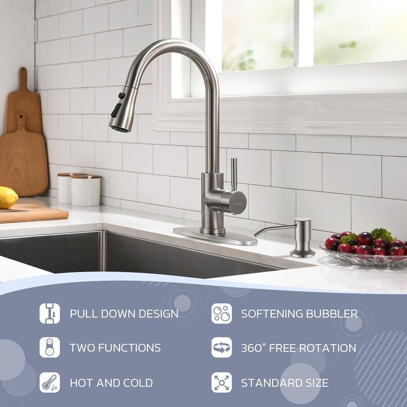 WEWE Kitchen Sink Faucet with Soap Dispenser, Kitchen Faucet with Pull Down Sprayer 3 Modes Stainless Steel Single Handle Single Hole Pull Out Brushed Nickel Faucet for Bar Laundry RV Utility Sink - Image 2