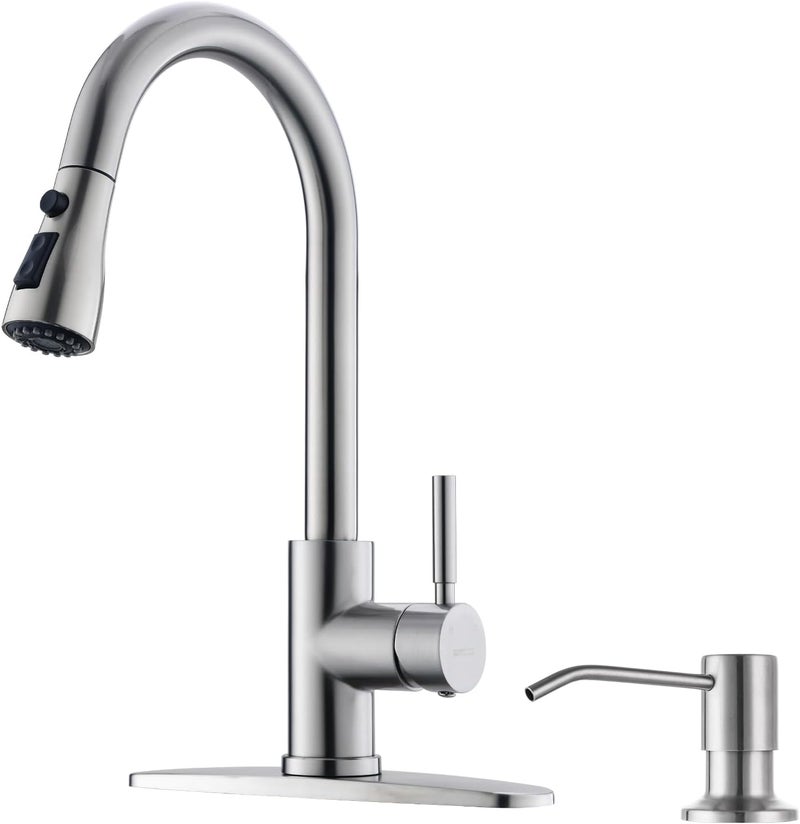 WEWE Kitchen Sink Faucet with Soap Dispenser, Kitchen Faucet with Pull Down Sprayer 3 Modes Stainless Steel Single Handle Single Hole Pull Out Brushed Nickel Faucet for Bar Laundry RV Utility Sink - Image 1