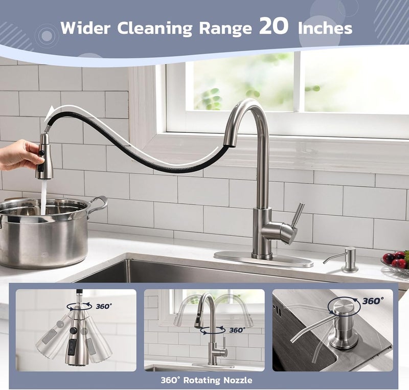 WEWE Kitchen Sink Faucet with Soap Dispenser, Kitchen Faucet with Pull Down Sprayer 3 Modes Stainless Steel Single Handle Single Hole Pull Out Brushed Nickel Faucet for Bar Laundry RV Utility Sink - Image 5