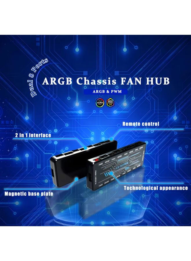 وحدة تحكم مركزية لمروحة ARGB سوداء مع تقنية PWM، 8 منافذ، مزدوجة الجهد 5V و12V، متزامنة مع الإضاءة للتبريد - Image 3
