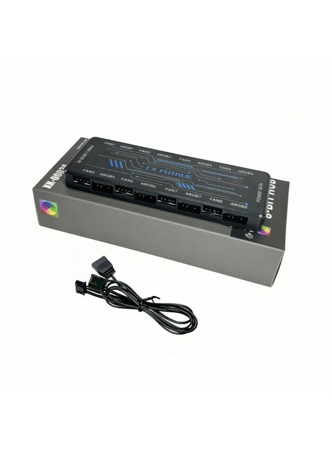 وحدة تحكم مركزية لمروحة ARGB سوداء مع تقنية PWM، 8 منافذ، مزدوجة الجهد 5V و12V، متزامنة مع الإضاءة للتبريد - Image 1