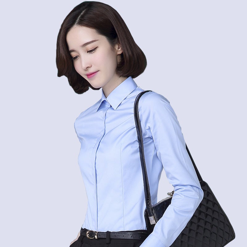Hidden Button Shirt Womens Long-sleeved Professional Wear Korean-style Slim-fit Large Size Work Clothes Slim-fit Formalwear Non-ironing Pure White Cotton Shirt N2720 Black - Image 5
