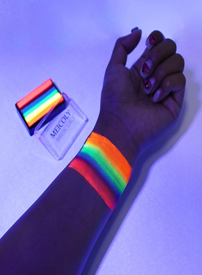 MEICOLY Water Activated Eyeliner 6 Colors,Neon Pride Rainbow Face Paint for LGBTQ,Retro Graphic Hydra Eye Liner,UV Glow in the Dark Fluorescent Blacklight Matte Split Cake,Body Paint for Halloween - Image 4