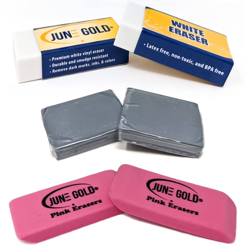 June Gold 15 Piece Art Eraser Set, 3 White Vinyl (Firm), 3 Pink Rubber (Medium), 3 Kneaded (Soft), 3 Retractable (Precision), & 3 Retractable Refills - Image 2
