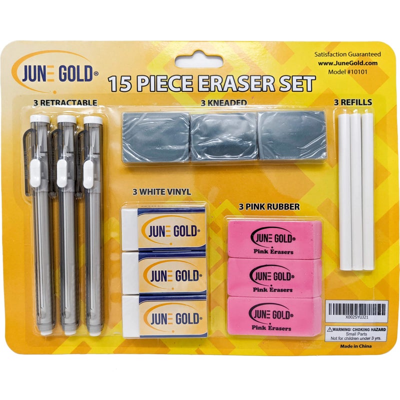 June Gold 15 Piece Art Eraser Set, 3 White Vinyl (Firm), 3 Pink Rubber (Medium), 3 Kneaded (Soft), 3 Retractable (Precision), & 3 Retractable Refills - Image 1