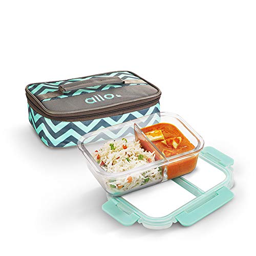 Allo FoodSafe 580ml x 1 Glass Microwave Oven Safe Lunch Box with Break Free Detachable Lock | High Borosilicate | Office Tiffin with Canvas Grey Flat Bag | Rectangle Divider - Image 1