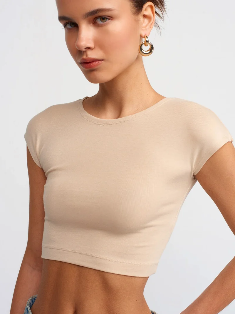 ديلفين 30528 Cotton and Modal Blend Crop Top-Light Beige