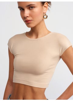 Dilvin 30528 Cotton and Modal Blend Crop Top-Light Beige  - Image 3