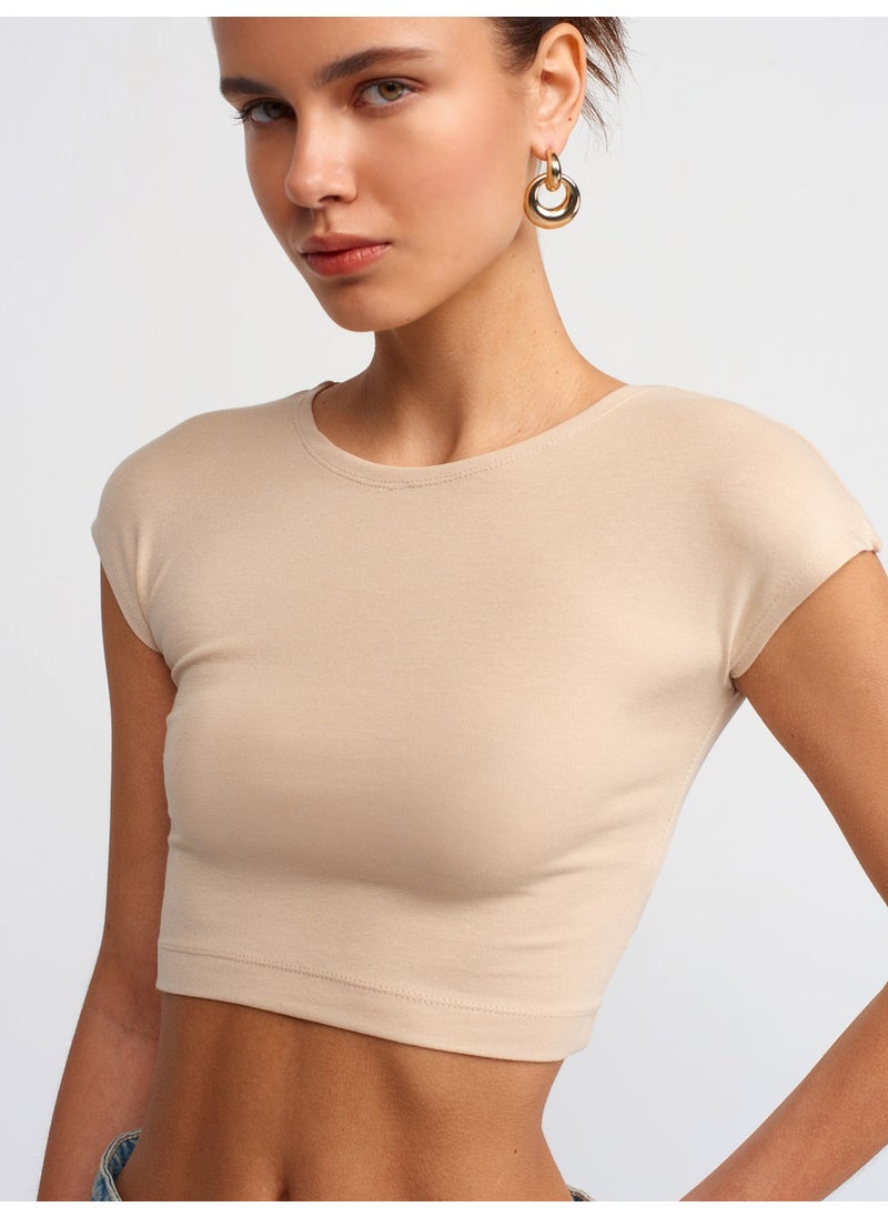 Dilvin 30528 Cotton and Modal Blend Crop Top-Light Beige  - Image 3