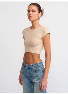 Dilvin 30528 Cotton and Modal Blend Crop Top-Light Beige  - Image 1