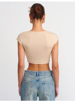Dilvin 30528 Cotton and Modal Blend Crop Top-Light Beige  - Image 4