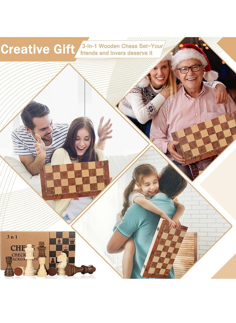 GUDOO - Wooden Chess Set 3 in 1 Chess Board Games Chess Checkers and Backgammon Tic Tac Toe Games Travel Folding Chess Board Game Sets for Adults and Kids 15*15inch - Image 1