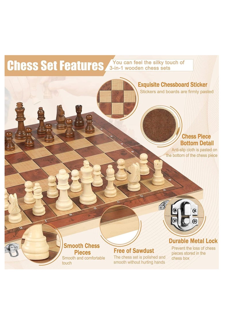 GUDOO - Wooden Chess Set 3 in 1 Chess Board Games Chess Checkers and Backgammon Tic Tac Toe Games Travel Folding Chess Board Game Sets for Adults and Kids 15*15inch - Image 1
