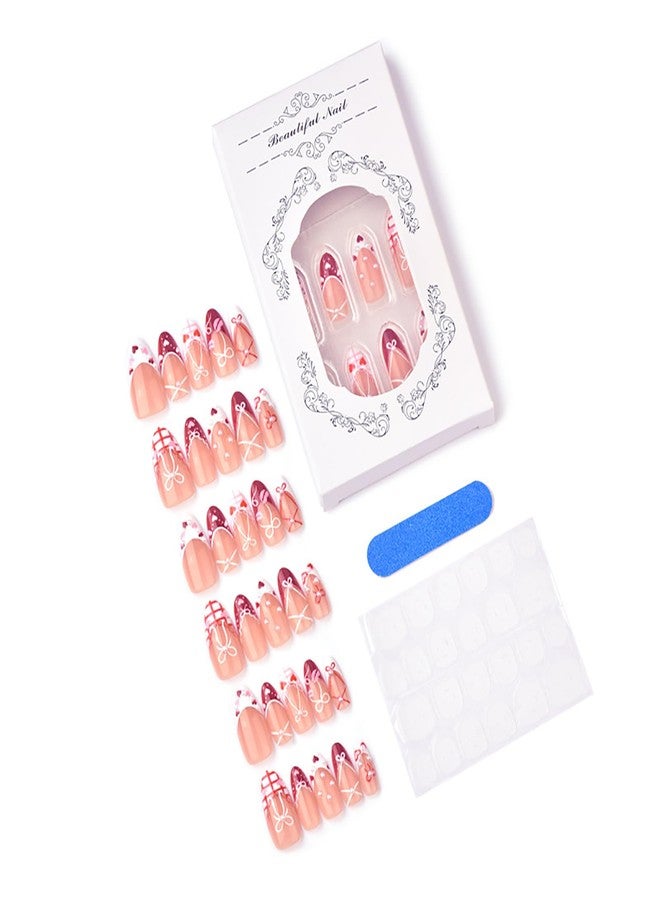 ASABITE 30Pcs Valentines Press on Nails French Tip Fake Nails with Cute Bow Heart Grid Design Valentines Day Glue on Nail Reusable False Nails Kit Medium Almond Nails Press ons Acrylic Stick on Nail for Women - Image 3