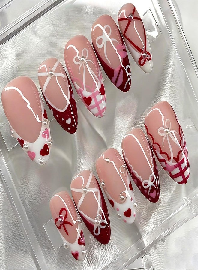 ASABITE 30Pcs Valentines Press on Nails French Tip Fake Nails with Cute Bow Heart Grid Design Valentines Day Glue on Nail Reusable False Nails Kit Medium Almond Nails Press ons Acrylic Stick on Nail for Women - Image 1
