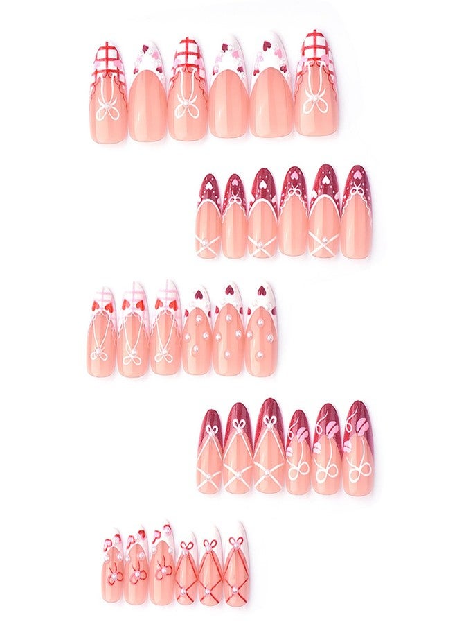 ASABITE 30Pcs Valentines Press on Nails French Tip Fake Nails with Cute Bow Heart Grid Design Valentines Day Glue on Nail Reusable False Nails Kit Medium Almond Nails Press ons Acrylic Stick on Nail for Women - Image 4
