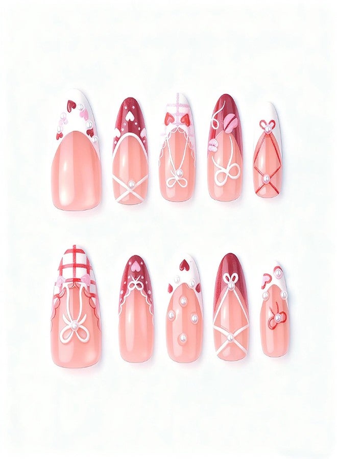ASABITE 30Pcs Valentines Press on Nails French Tip Fake Nails with Cute Bow Heart Grid Design Valentines Day Glue on Nail Reusable False Nails Kit Medium Almond Nails Press ons Acrylic Stick on Nail for Women - Image 2