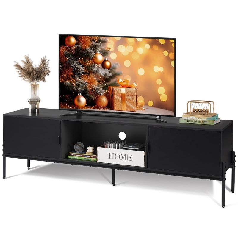 WLIVE Modern TV Stand for 65 Inch TV Mid Century Entainment Center with Storage TV Console with Open Shelf and 2 Cabinets for Bedroom and Living Room TV Cabinet with Metal Legs Black