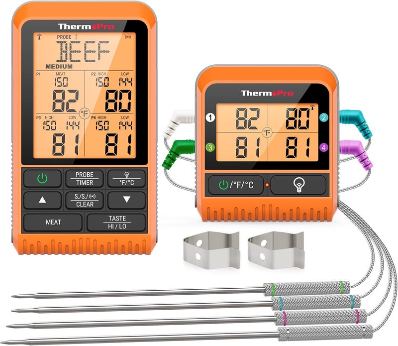 ThermoPro TP829 مقياس حرارة لحم لاسلكي رقمي بطول 1000 قدم للشواء والتدخين، 4 مجسات لحم لمقياس حرارة الشواء في الهواء الطلق، مقياس حرارة للشواء لقياس درجة حرارة الديك الرومي - Image 1