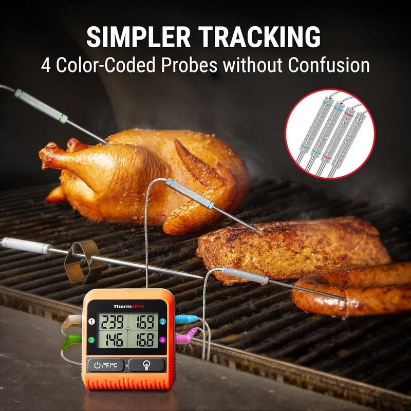 ThermoPro TP829 مقياس حرارة لحم لاسلكي رقمي بطول 1000 قدم للشواء والتدخين، 4 مجسات لحم لمقياس حرارة الشواء في الهواء الطلق، مقياس حرارة للشواء لقياس درجة حرارة الديك الرومي - Image 4