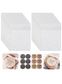 KASTWAVE Self-Adhesive Cookie Bags, 200 Pcs Cellophane Treat Bags White Polka Dot Sealing Packaging Bags OPP Plastic Pastry Bag for Bakery Candy Cookie Chocolate.  - Image 1