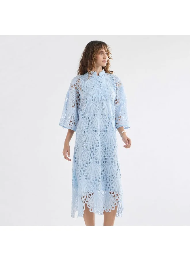 FAV Lace Detail A-Line Dress with High Neck and Short Sleeves