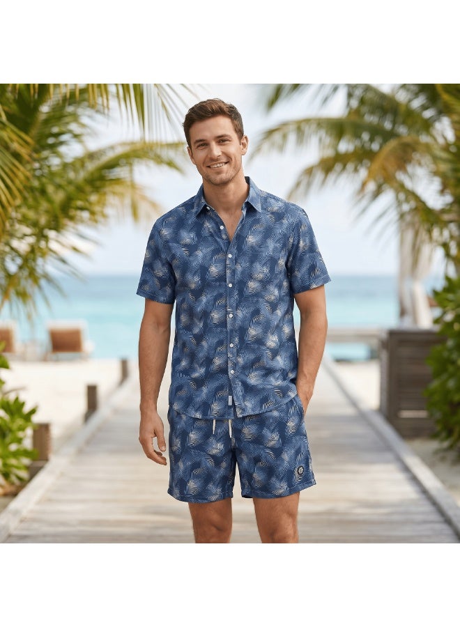 IceZone Men's 2 Piece Matching Set, Midnight Fern Leaf Print, Short Sleeve Button Up Shirt & Quick Dry Swim Shorts, Summer Beach Outfit - Image 1