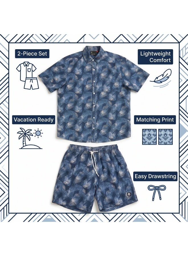 IceZone Men's 2 Piece Matching Set, Midnight Fern Leaf Print, Short Sleeve Button Up Shirt & Quick Dry Swim Shorts, Summer Beach Outfit - Image 3