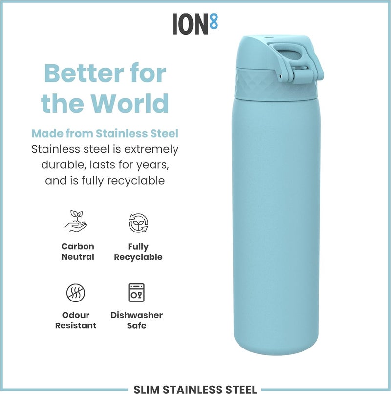 ION8 Lightweight Steel Water Bottle, 600 ml/20 oz, Non-Insulated, Leak Proof, Easy to Open, Secure Lock, Dishwasher Safe, Flip Cover, Fits Cup Holders, Carry Handle, Metal Water Bottle, Alaskan Blue - Image 4