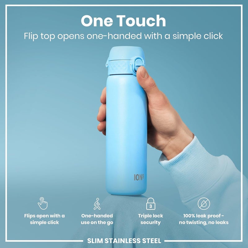ION8 Lightweight Steel Water Bottle, 600 ml/20 oz, Non-Insulated, Leak Proof, Easy to Open, Secure Lock, Dishwasher Safe, Flip Cover, Fits Cup Holders, Carry Handle, Metal Water Bottle, Alaskan Blue - Image 2