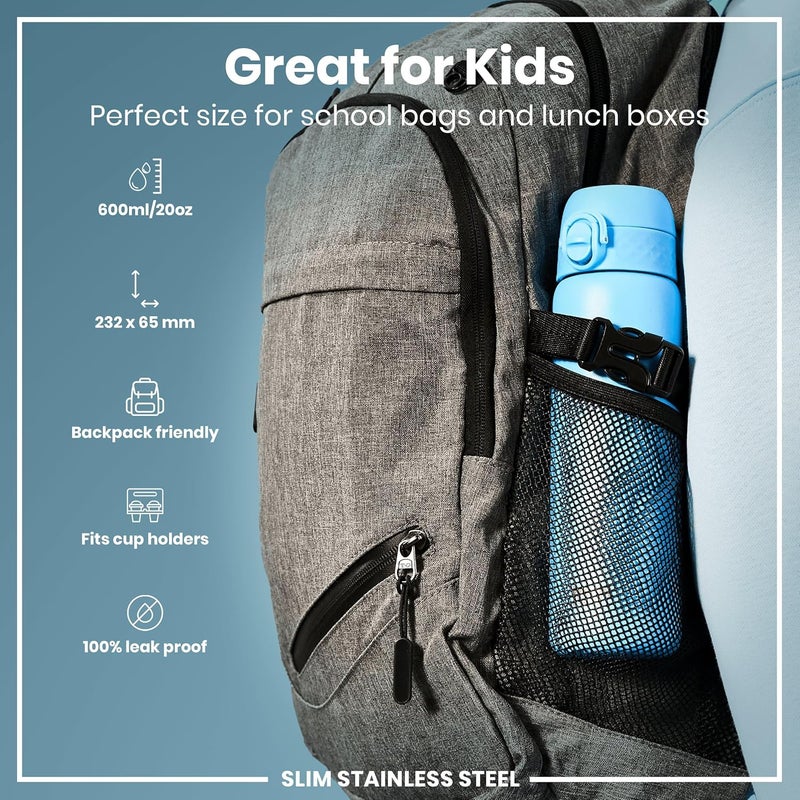 ION8 Lightweight Steel Water Bottle, 600 ml/20 oz, Non-Insulated, Leak Proof, Easy to Open, Secure Lock, Dishwasher Safe, Flip Cover, Fits Cup Holders, Carry Handle, Metal Water Bottle, Alaskan Blue - Image 1