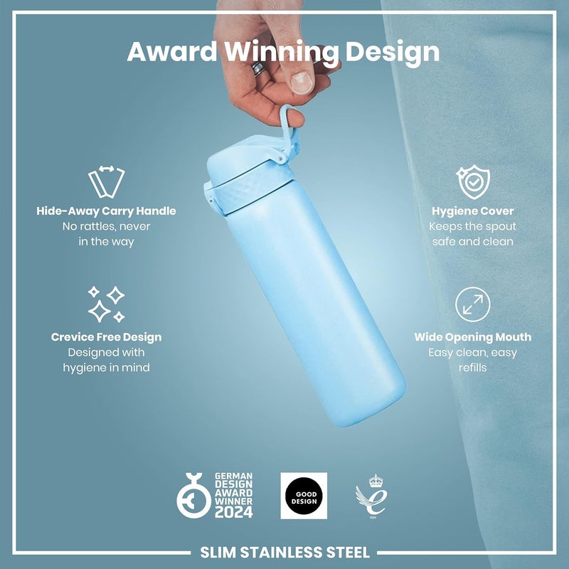 ION8 Lightweight Steel Water Bottle, 600 ml/20 oz, Non-Insulated, Leak Proof, Easy to Open, Secure Lock, Dishwasher Safe, Flip Cover, Fits Cup Holders, Carry Handle, Metal Water Bottle, Alaskan Blue - Image 5
